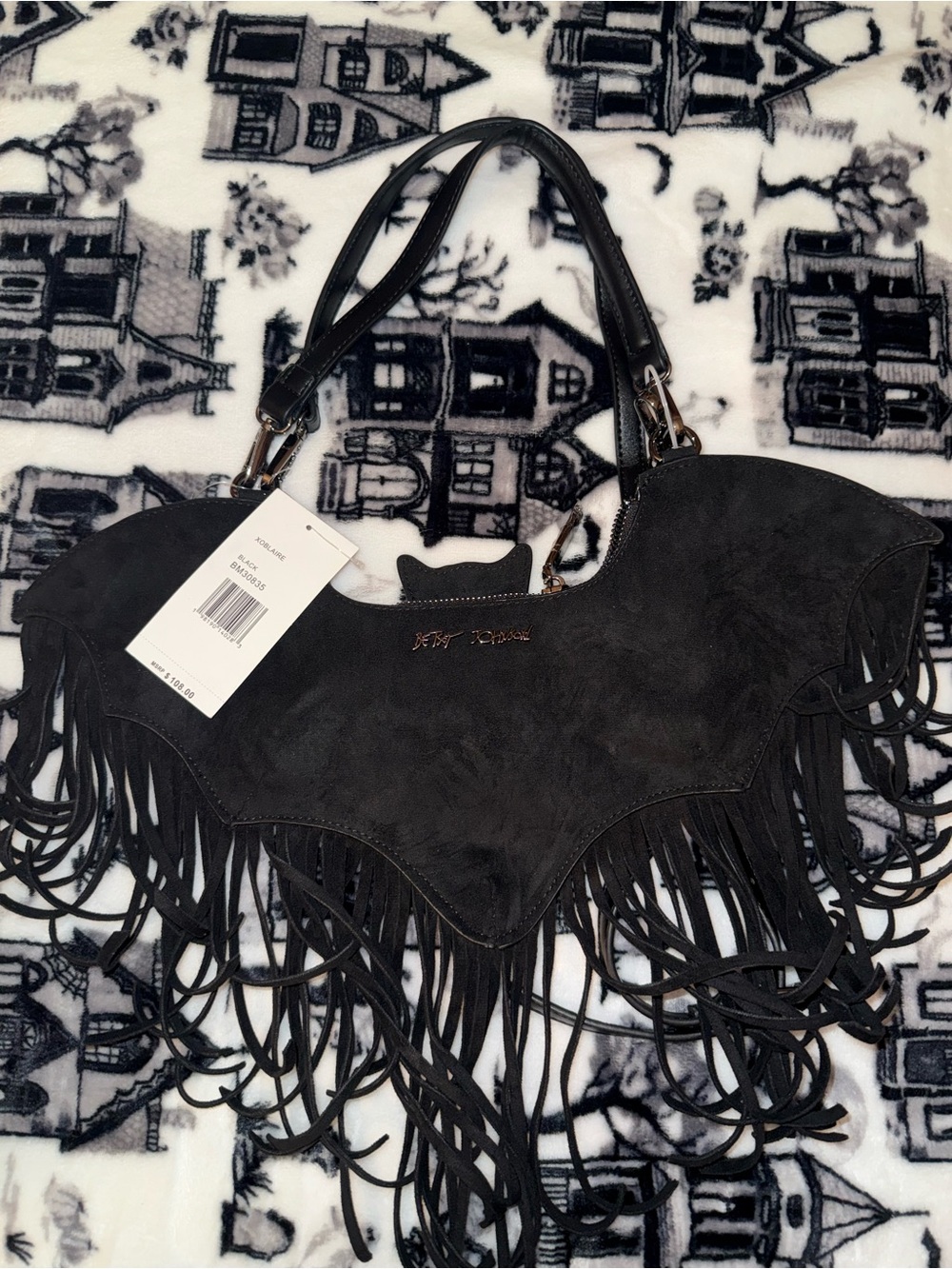 Betsey Johnson Black Bat-Shape Fringe Shoulder Bag